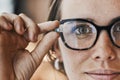 Portrait, eyes and woman with glasses for optical healthcare, prescription or perception. Female, face and spectacles of