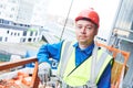 Portrait of facade worker. Plastering external wall of building