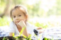 Portrait face of cute asian little girl and child happiness and fun in the park in the summer, Royalty Free Stock Photo