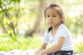 Portrait face of cute asian little girl and child happiness and fun in the park in the summer Royalty Free Stock Photo