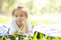 Portrait face of cute asian little girl and child happiness and fun in the park in the summer Royalty Free Stock Photo