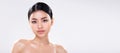 Portrait face shot of Young Asian 20s beautiful Woman open shoulder, look at camera Royalty Free Stock Photo