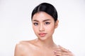 Portrait face shot of Young Asian 20s beautiful Woman open shoulder, look at camera Royalty Free Stock Photo