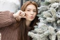 Portrait of face young female caucasian beautiful sweaters woman blond hair smiling with braces. Happy girl in good mood smile Royalty Free Stock Photo