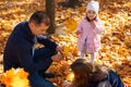 Portrait of a family with children in an autumn city park, happy people walking together, playing with yellow leaves, beautiful Royalty Free Stock Photo