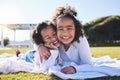 Portrait, family and a girl with her sister on the grass outdoor of their home together in summer. Face, smile and Royalty Free Stock Photo