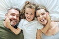 Portrait of family home, girl and parents on bed for fun morning, relax lifestyle and happiness. Above of smile mom Royalty Free Stock Photo