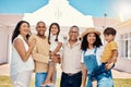 Portrait, family or kids with parents, grandparents and grandchildren standing outside in the garden of a home. Children Royalty Free Stock Photo