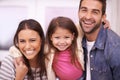 Portrait, family or laugh to relax on holiday as fun, embrace or confidence in fun bonding together. Papa, mama or girl