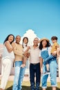 Portrait, family and parents with grandparents or grandkids bonding while standing outside in a garden of a home. Kids Royalty Free Stock Photo