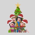 Portrait of family posing in front of Christmas tree. 3D