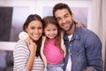 Portrait, family or smile in home, real estate or mortgage as bonding together outside new property. Papa, mama or girl