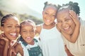 Portrait of a family taking a selfie outdoors, happy and smiling while bonding with their grandmother. Cheerful children Royalty Free Stock Photo