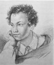 Portrait of famous Russian writer and poet Alexander Pushkin in the old book The Engraved Portraits, vol. 3 by D. Rovinskiy, 1886 Royalty Free Stock Photo