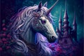 A portrait of a fantastic unicorn against a background of flowering plants and a castle. Illustration created with Generative AI