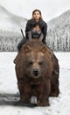 Portrait of a fantasy dark haired female warrior wearing armor and a fur coat riding through the snow plains