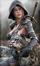 Portrait of a fantasy female Ranger pathfinder sitting with her pet feline Royalty Free Stock Photo