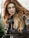 Portrait of a fantasy female woodland red headed ranger, wearing leather armor and equipped with a sword .