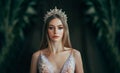 Portrait of fantasy medieval girl princess in dark gothic room. Woman queen looking at camera, beauty face. Vintage Royalty Free Stock Photo