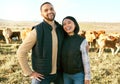 Portrait, farm and couple on cattle farm, smile and happy for farming success, agro and agriculture. Farmer, man and Royalty Free Stock Photo