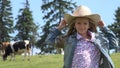 Portrait of Farmer Child with Cows, Cowherd Little Girl Face Pasturing Cattle 4K