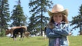 Portrait of Farmer Child with Cows, Cowherd Little Girl Face Pasturing Cattle 4K