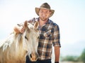 Portrait, farmer and man with horse, summer and countryside with nature, happiness and smile. Environment, person and