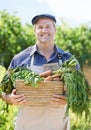 Portrait, farmer or man with vegetables on countryside for harvesting, agriculture and organic food. Nature, mature male