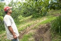 portrait of farmer on peaches fruit orchard