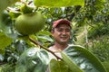 portrait of farmer on peaches fruit orchard