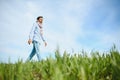 Portrait of farmer standing in a wheat field. farmer stands in green wheat field, looks, examines his crop