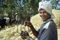 Portrait of farmer at the threshing of grain harvest Royalty Free Stock Photo