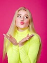 Portrait of fashion blonde model girl young woman wearing stylish isolated on a pink