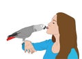 Portrait of girl holding parrot on her hand. African grey parrot jaco and his owner. Realistic vector illustration