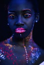 Portrait of fashion model female in neon light Royalty Free Stock Photo