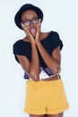 Portrait, fashion and shock with hipster black woman in studio on white background for reaction or alert. Wow, surprise Royalty Free Stock Photo