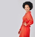 Portrait, fashion and space with an afro black woman in studio on a white background for trendy style. Mockup, smile and Royalty Free Stock Photo