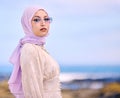 Portrait, fashion or sunglases with a muslim woman on mockup outdoor in a scarf for contemporary style. Islam, faith and Royalty Free Stock Photo