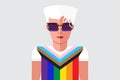 Portrait of a fashion woman or man wearing a T-shirt and sunglasses with new gay pride flag Royalty Free Stock Photo