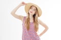 Portrait of Fashion Young woman in Dress. Pretty Girl in Hat. Female model in Stylish Summer Outfit. Vanilla Color. Beautiful Lady Royalty Free Stock Photo