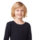 Portrait, fashion and youth with a blonde girl in studio isolated on a white background for style. Smile, kids and