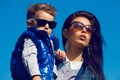 Portrait of fashionable baby boy and his gorgeous mother Royalty Free Stock Photo