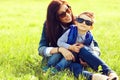 Portrait of fashionable baby boy and his stylish mother Royalty Free Stock Photo