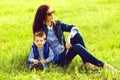 Portrait of fashionable baby boy and his stylish mother Royalty Free Stock Photo