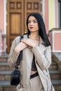 Portrait of fashionable beautiful young woman posing outside against old door of house Royalty Free Stock Photo