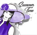 Portrait of fashionable woman in hat. Beautiful young woman in summer clothes covers her face with a hat. Stylish girl in a hat. Royalty Free Stock Photo
