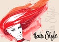 Portrait of a fashionable woman with red hair. Beautiful young woman with flying hair. Hand drawn sketch. Vector fashion