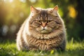 Portrait of a fat furry cat with an angry expression on grass blured nature bokeh background. ai generative Royalty Free Stock Photo