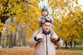 Portrait of a father carrying his cute little son on shoulders, baby and daddy with pleasure spending time together Royalty Free Stock Photo