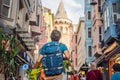 Portrait of father and son tourists with view of Galata tower in Beyoglu, Istanbul, Turkey. Turkiye. Traveling with kids
